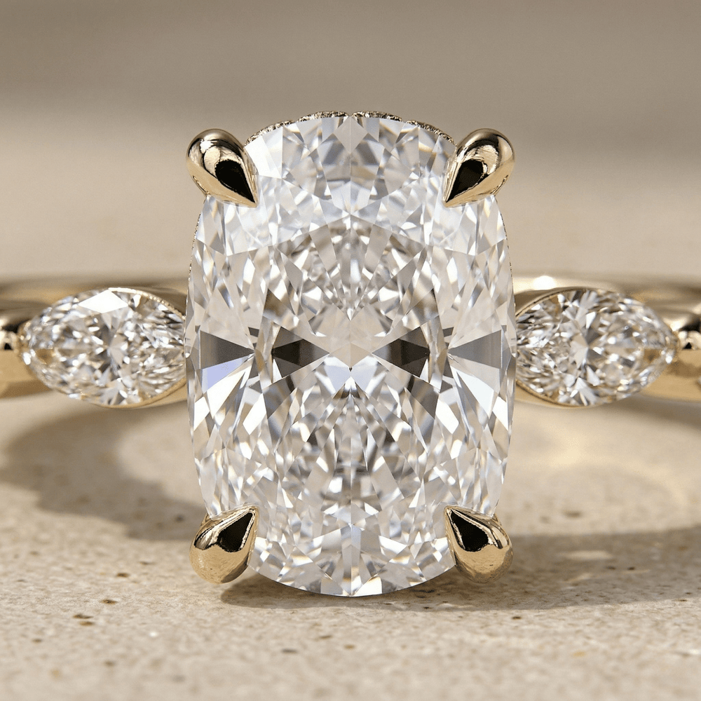 Hidden halo elongated cushion moissanite engagement ring close up