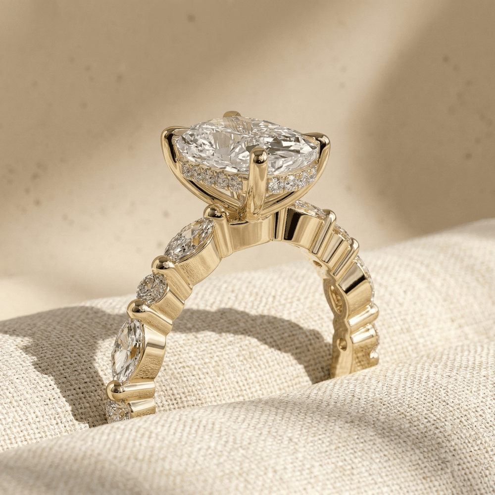 Elongated cushion moissanite ring with hidden halo setting