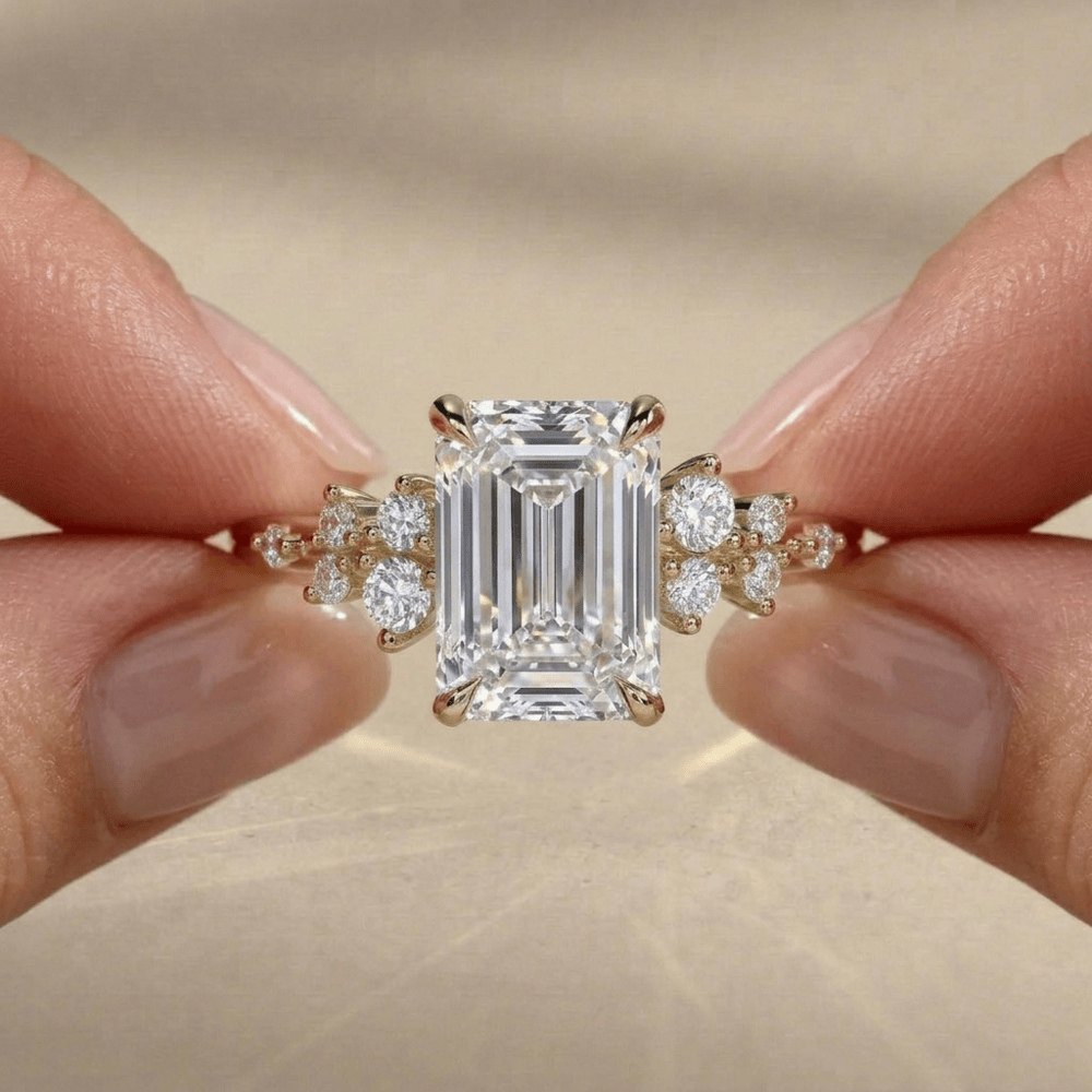 Emerald cut moissanite proposal ring