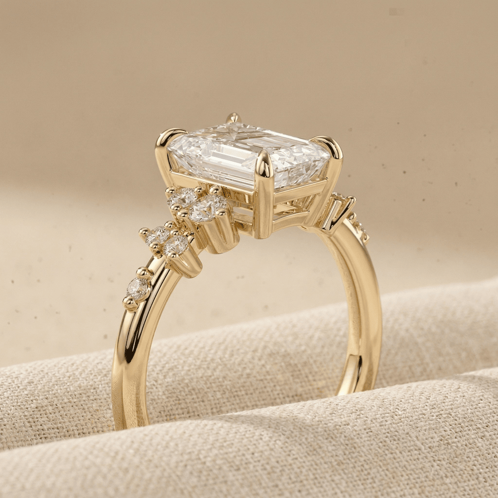 Emerald cut engagement ring with moissanite accents
