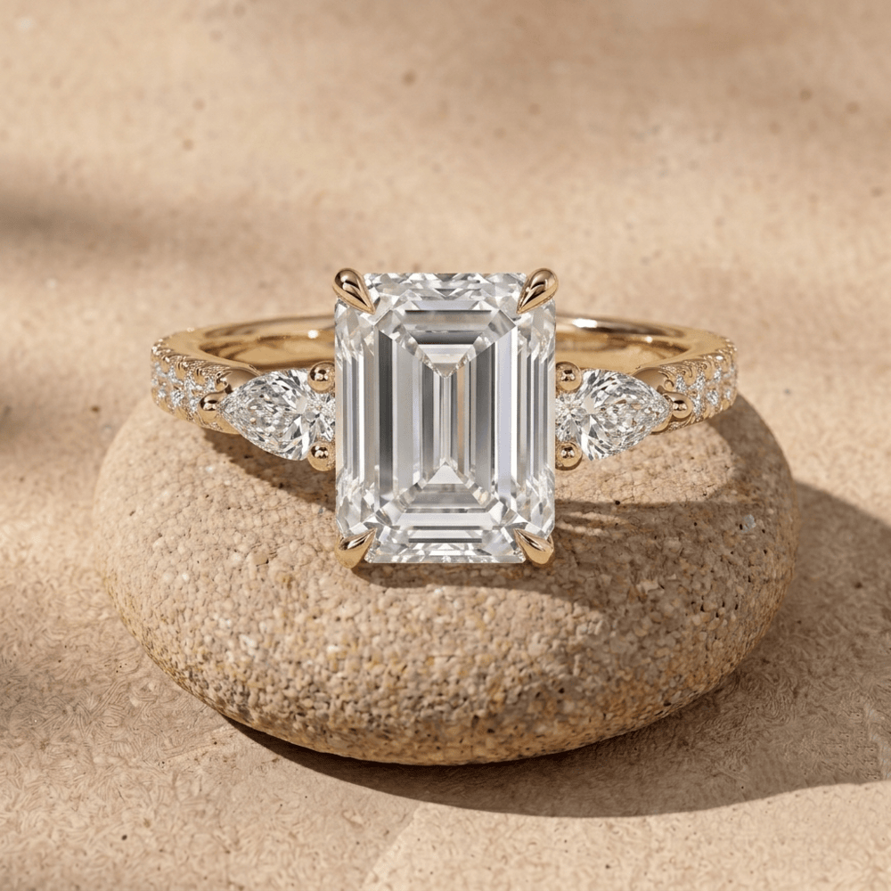 14kt emerald moissanite three stone engagement ring