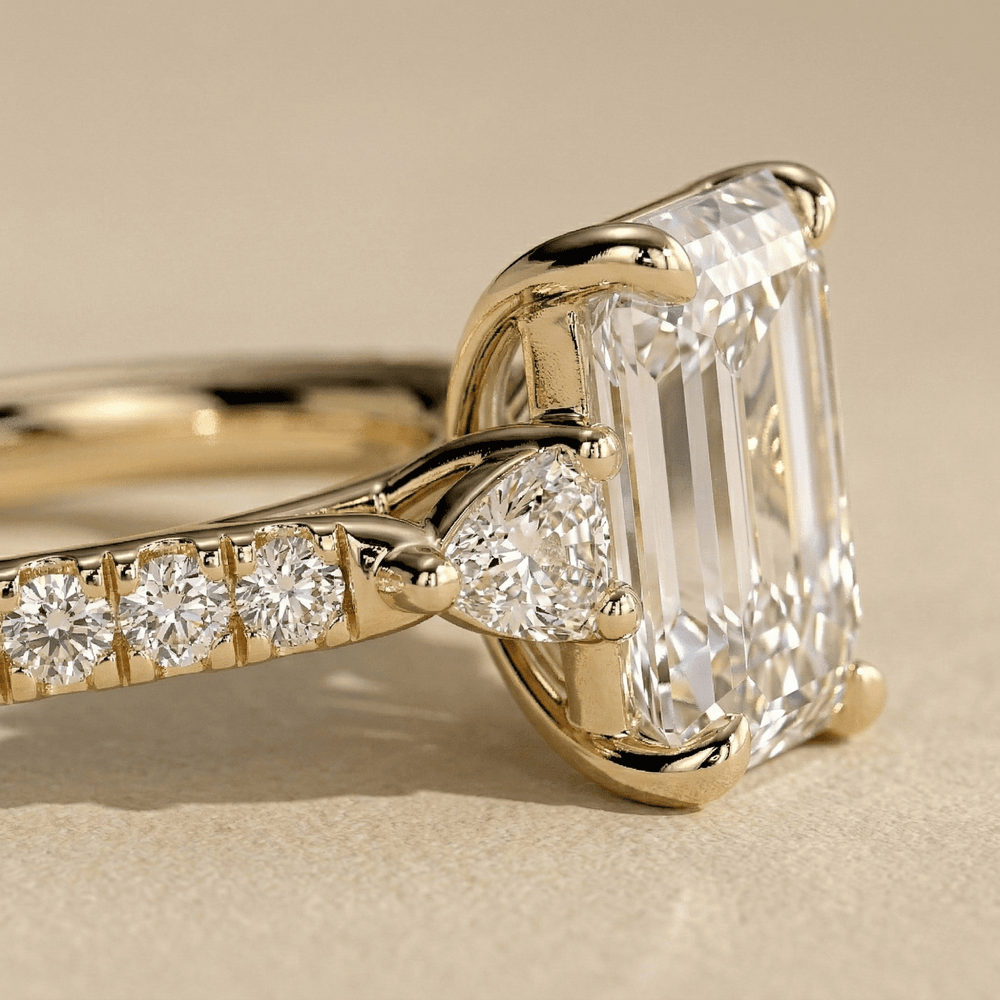 Emerald Cut Moissanite Pave Three Stone Engagement Ring in 14K - view 5