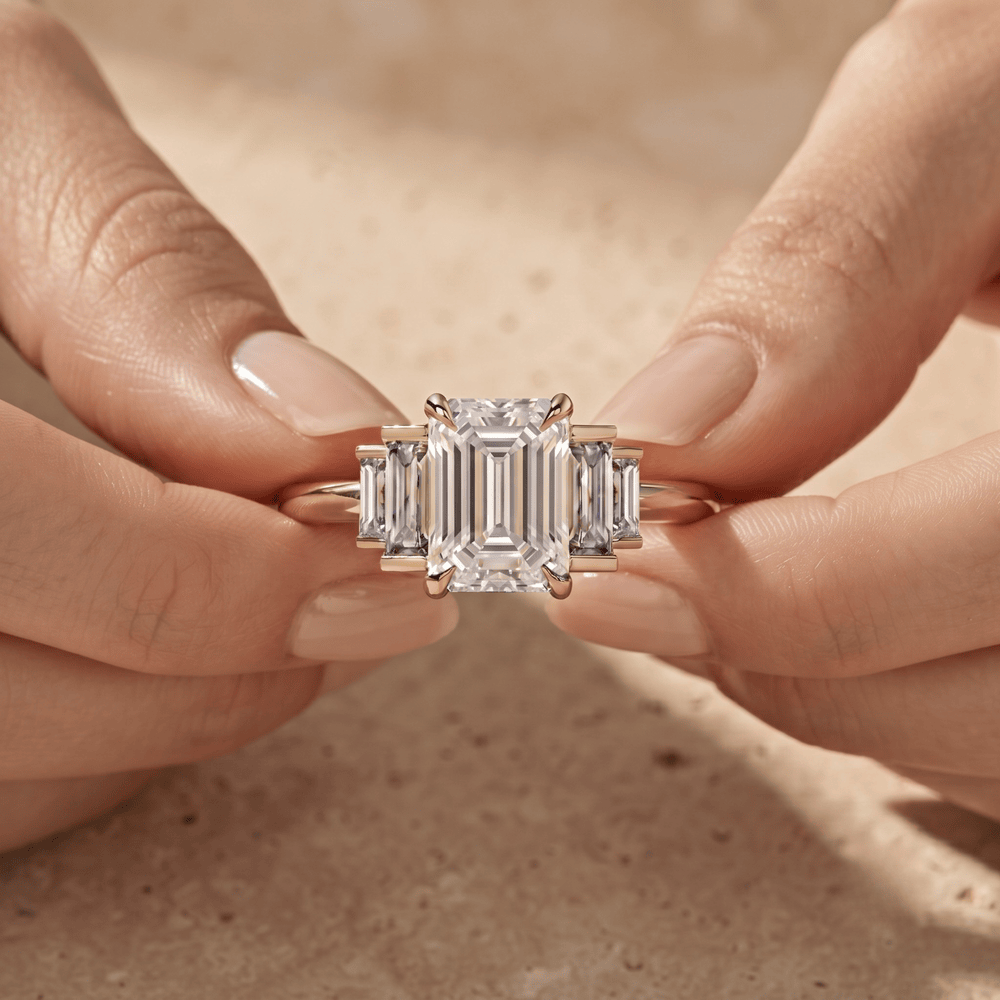 Emerald Cut Moissanite Three Stone Promise Ring with Baguettes - view 2