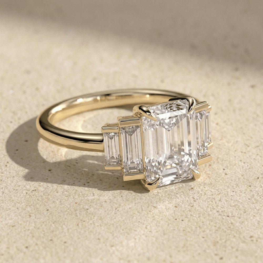 Emerald cut moissanite promise ring with baguette side stones