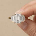 Elegant emerald and baguette moissanite ring for her