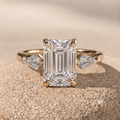 Emerald moissanite three stone wedding ring in 14K gold
