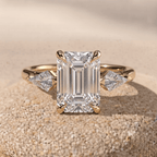Emerald moissanite three stone wedding ring in 14K gold