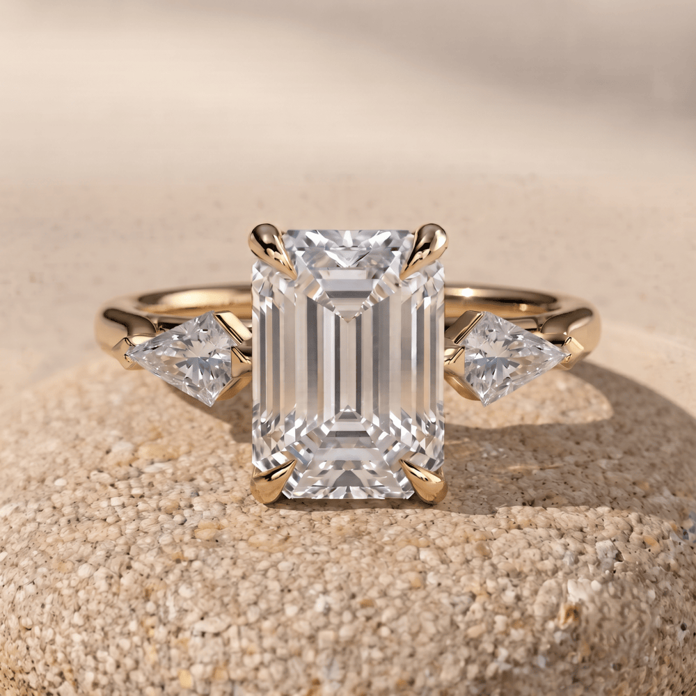 Emerald moissanite three stone wedding ring in 14K gold