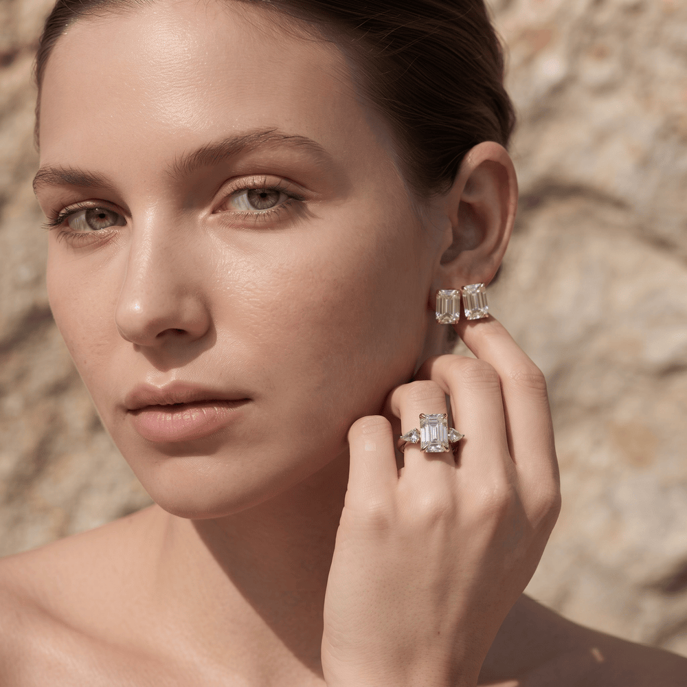 Solid 14K gold emerald moissanite ring with side stones