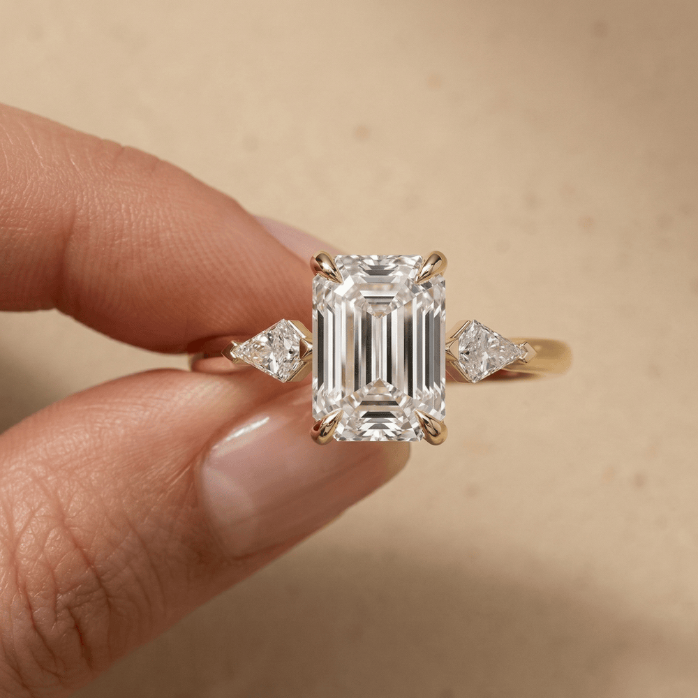 14K gold emerald cut moissanite three stone engagement ring