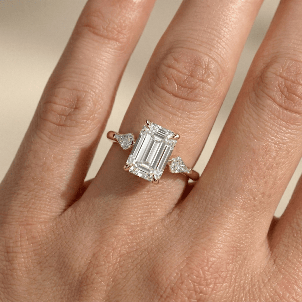 Emerald Cut Moissanite Three Stone Wedding Ring with Kite Sides - view 8