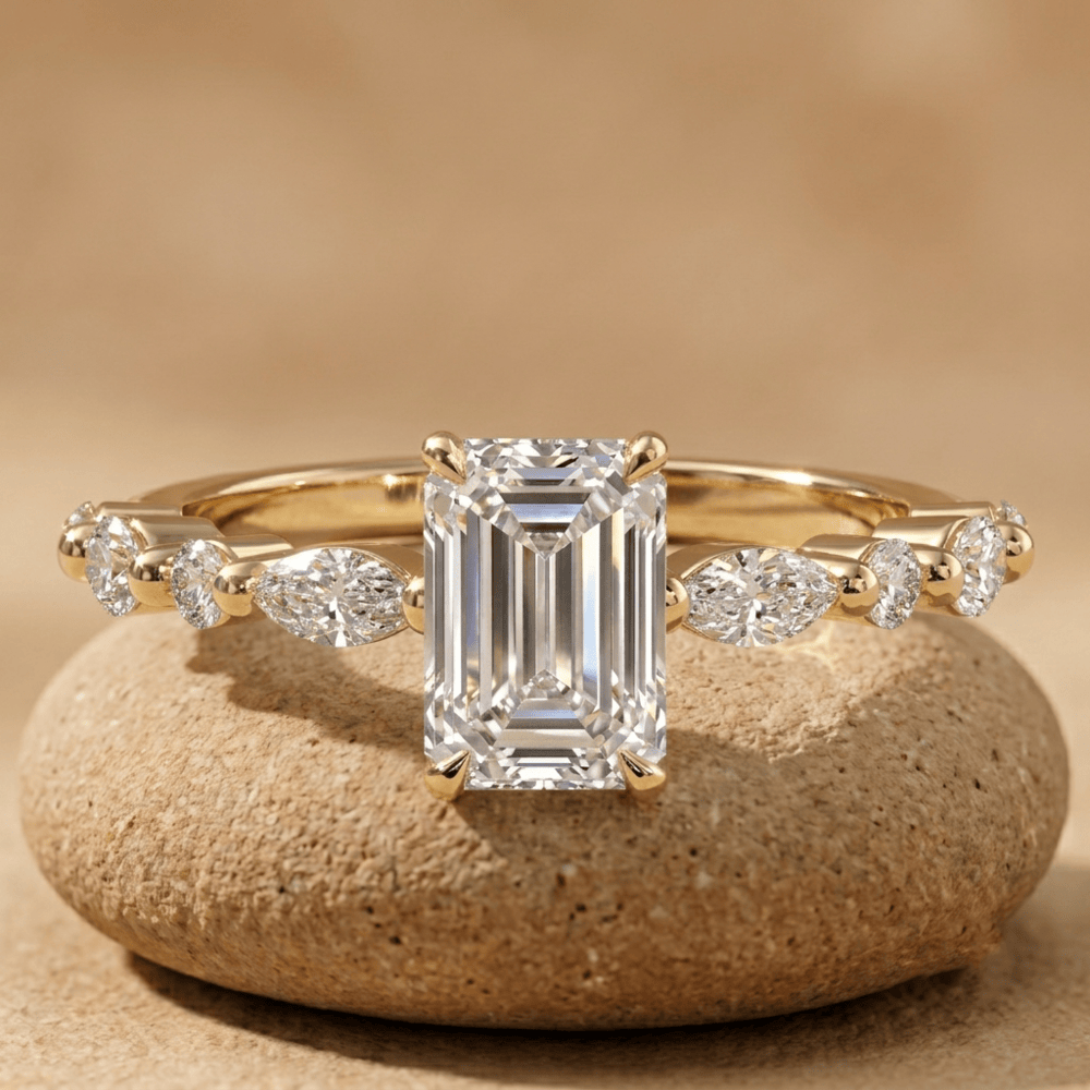 Emerald cut moissanite vintage cluster engagement ring in 14K gold