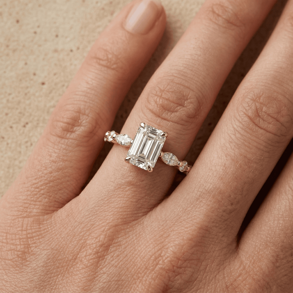 Emerald cut moissanite cluster ring close up