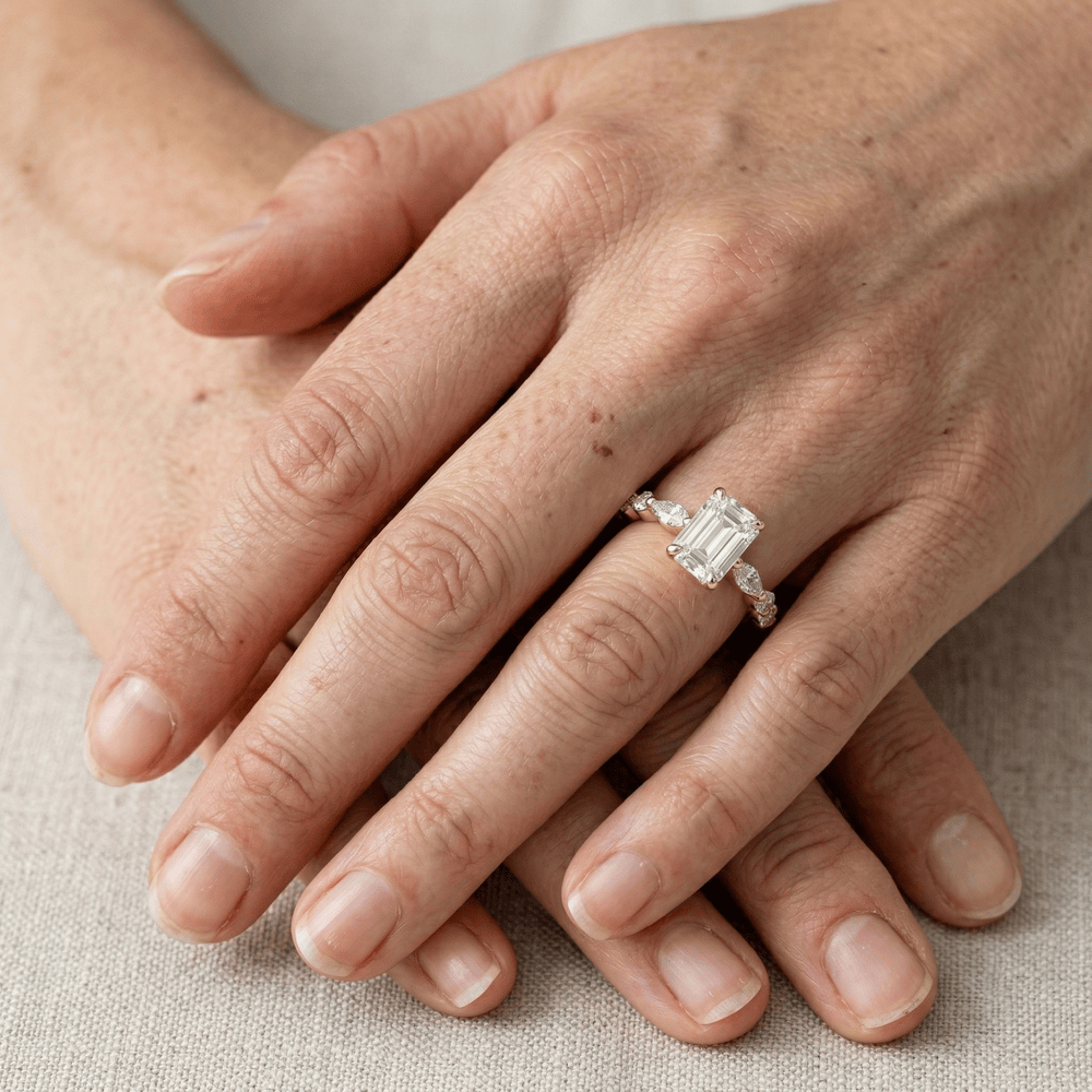 Vintage style emerald moissanite proposal ring