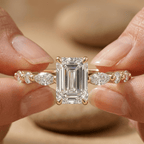 Emerald cut moissanite cluster ring with marquise accents