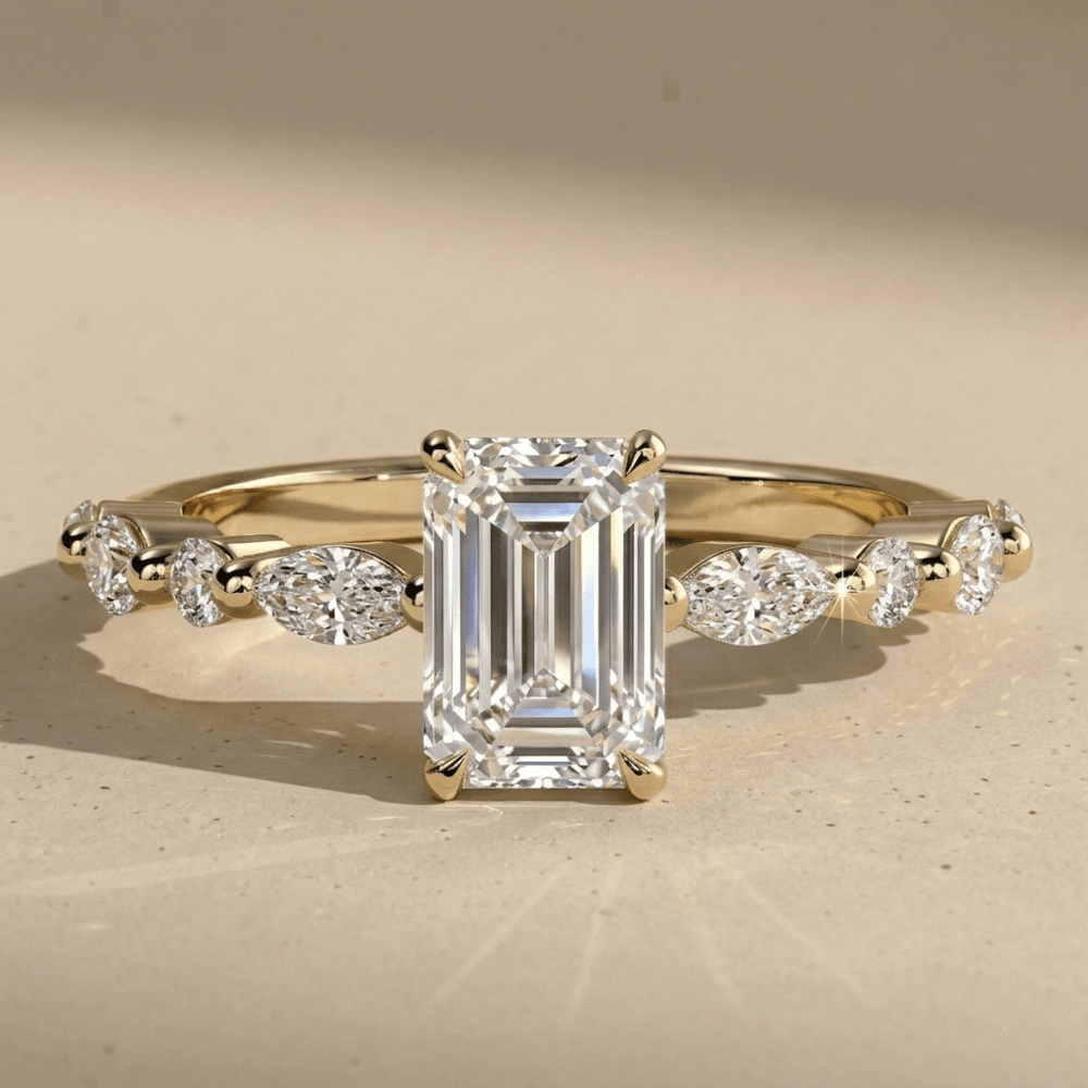 Vintage emerald moissanite engagement ring, top view