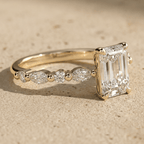 Emerald cut moissanite cluster ring side view