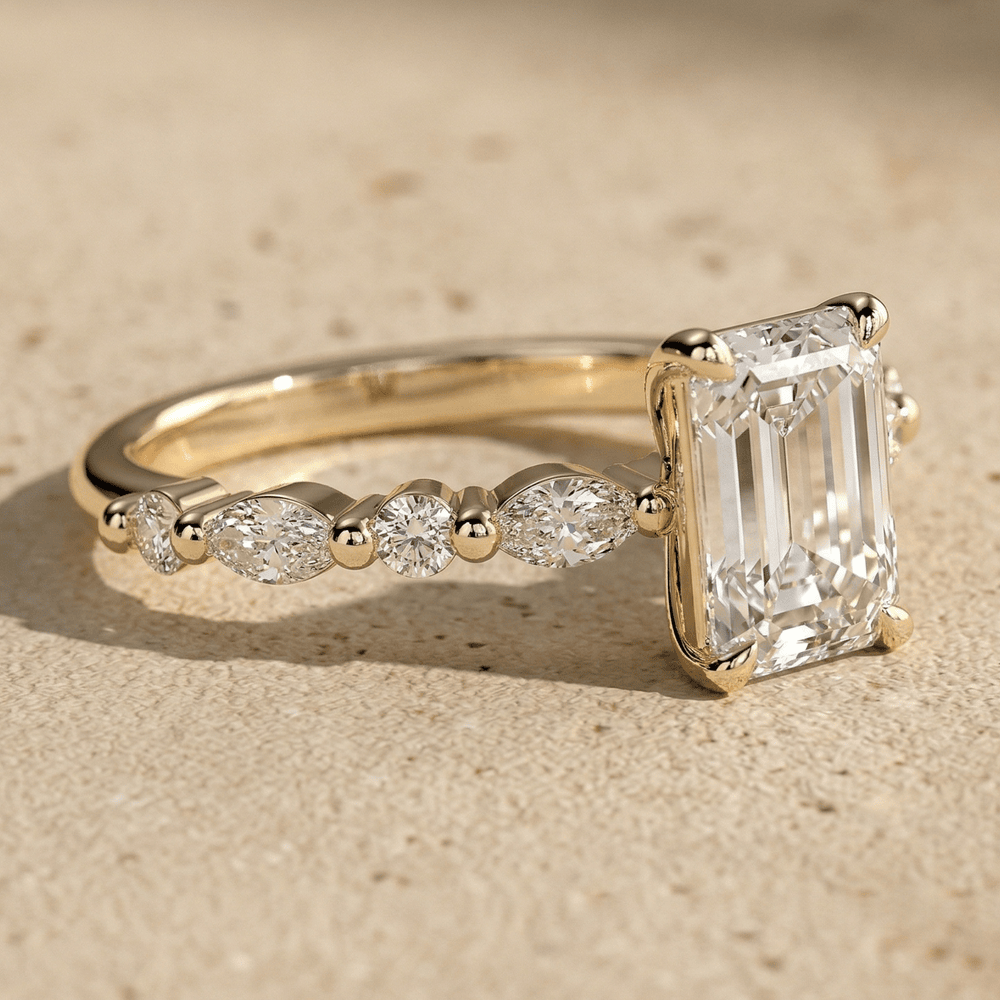 Emerald cut moissanite cluster ring side view