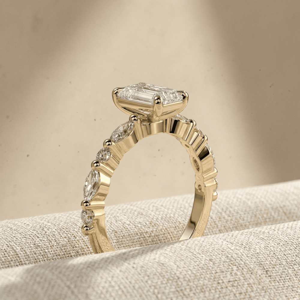 Emerald moissanite cluster engagement ring in white gold