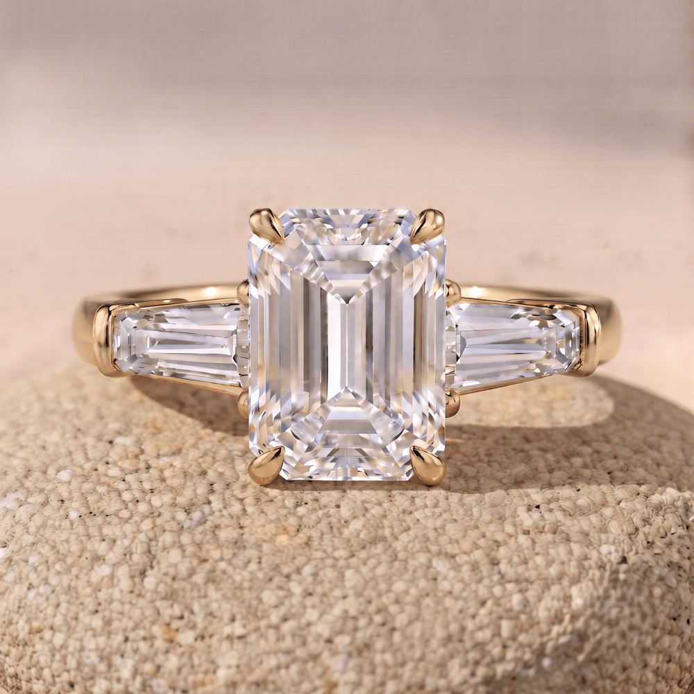 Emerald moissanite side baguette 14K gold engagement ring
