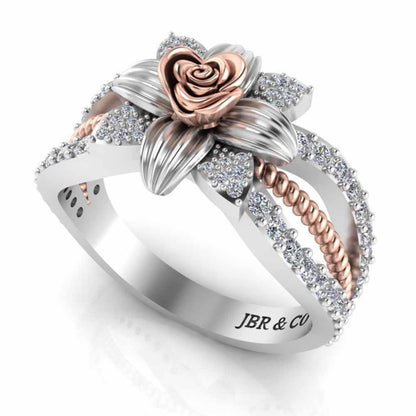 JBR Jeweler Silver Ring Flower Rope Style Round Cut Sterling Silver Rose Ring