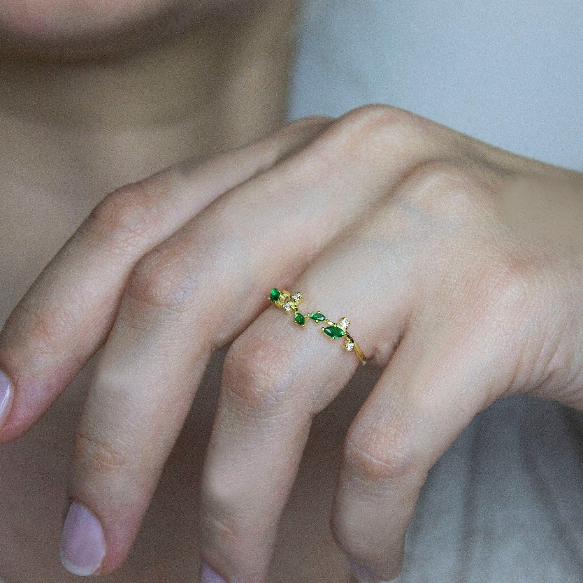 Gold Engagement Emerald Marquise Statement Emerald Dainty Gold Anniversary Ring - JBR Jeweler