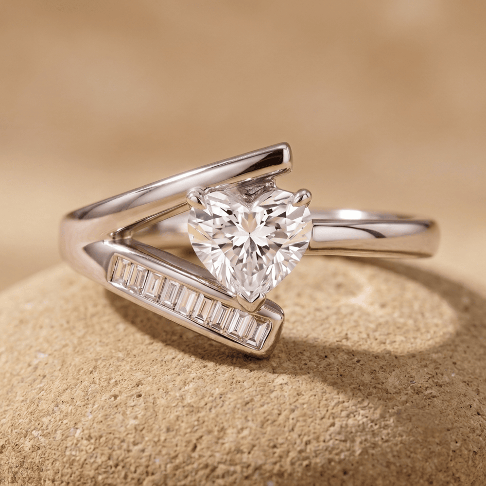 14K gold heart and baguette moissanite promise ring