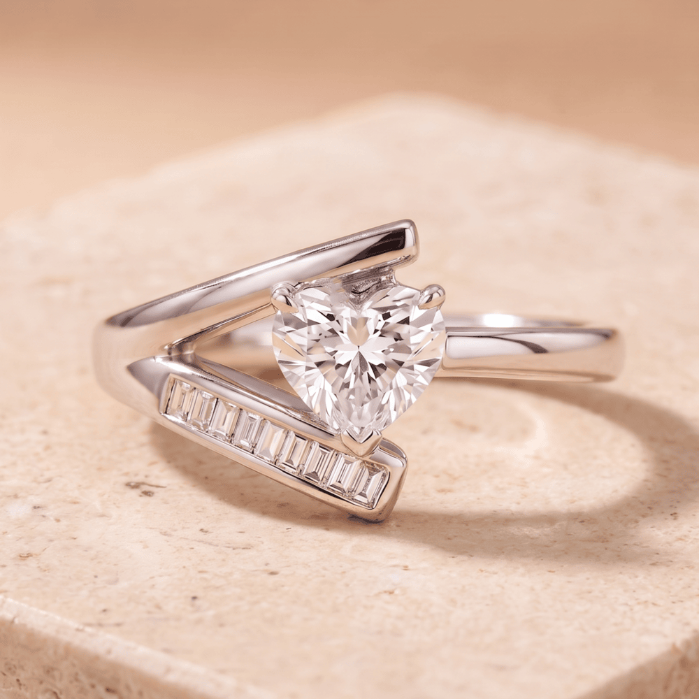 Heart and baguette moissanite promise ring in solid gold
