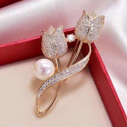 High Polished Tulip Flower Design Brooch Pin With 2.6Ct Round White Pearl In 925 - JBR Jeweler