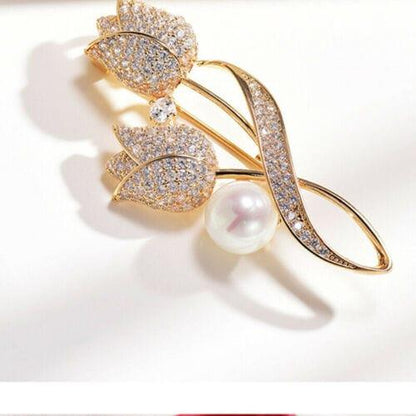 High Polished Tulip Flower Design Brooch Pin With 2.6Ct Round White Pearl In 925 - JBR Jeweler