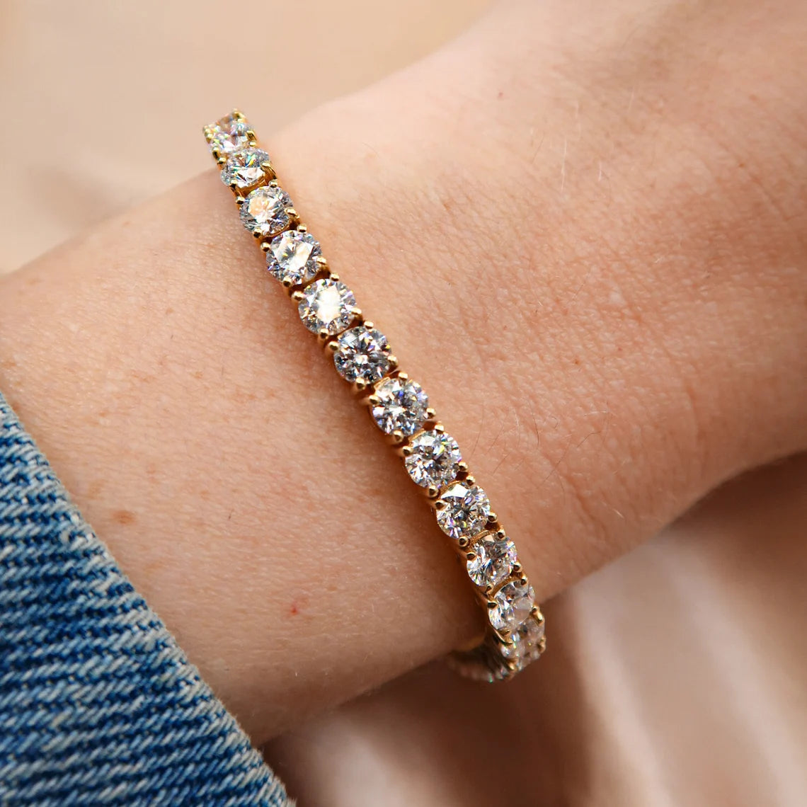 Solid 14k Yellow Gold Round Cut Lab Grown Diamond Prong Set Tennis Bracelet, Anniversary Gift - JBR Jeweler