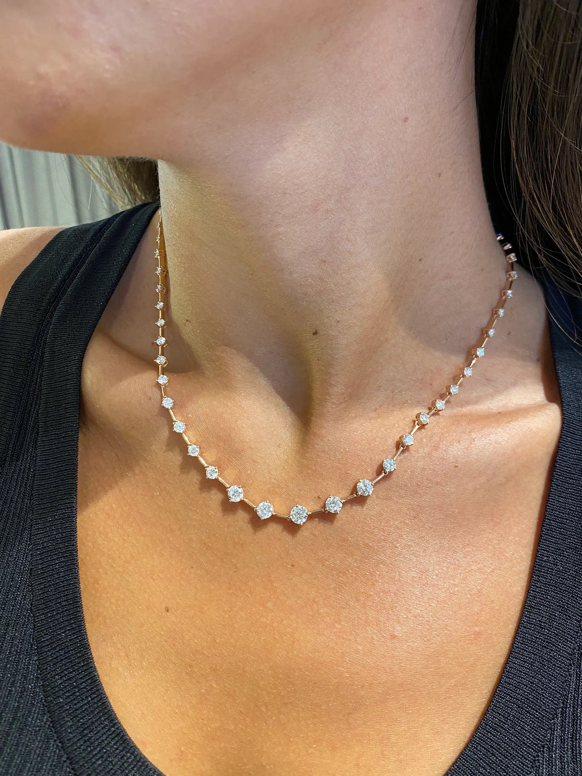 14k Rose Gold Round Cut Lab Grown Diamond Prong Set Unique Design Tennis Choker Necklace, - JBR Jeweler