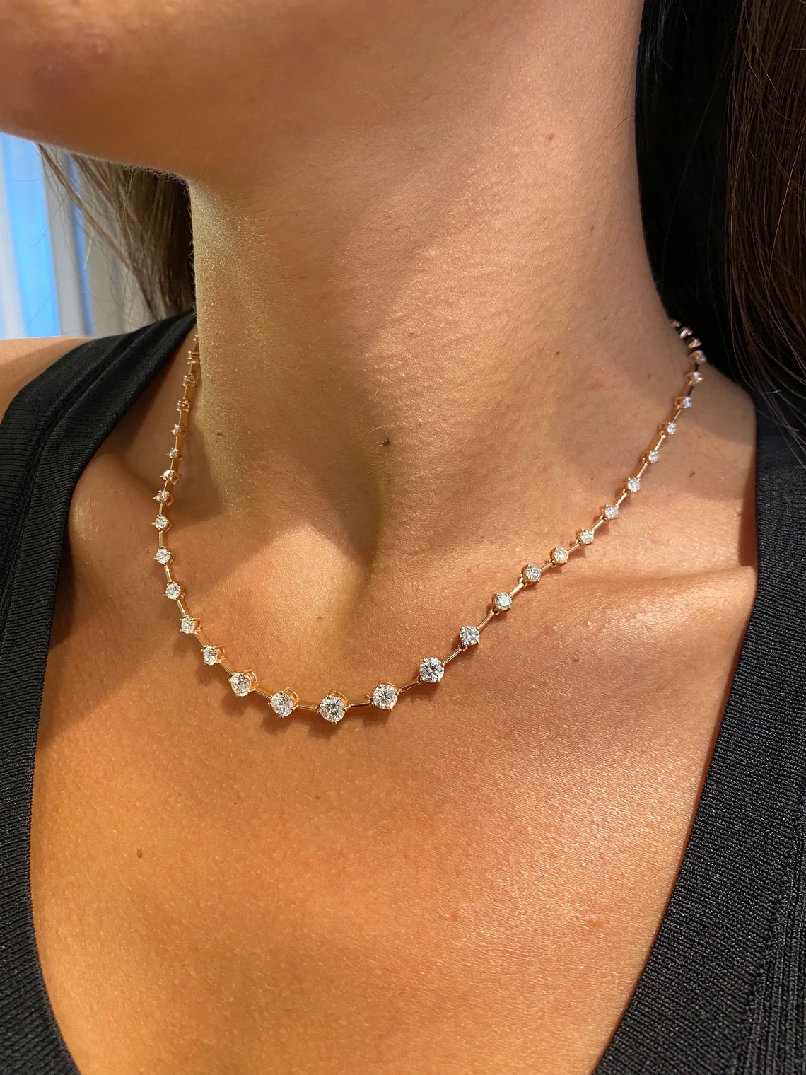 14k Rose Gold Round Cut Lab Grown Diamond Prong Set Unique Design Tennis Choker Necklace, - JBR Jeweler