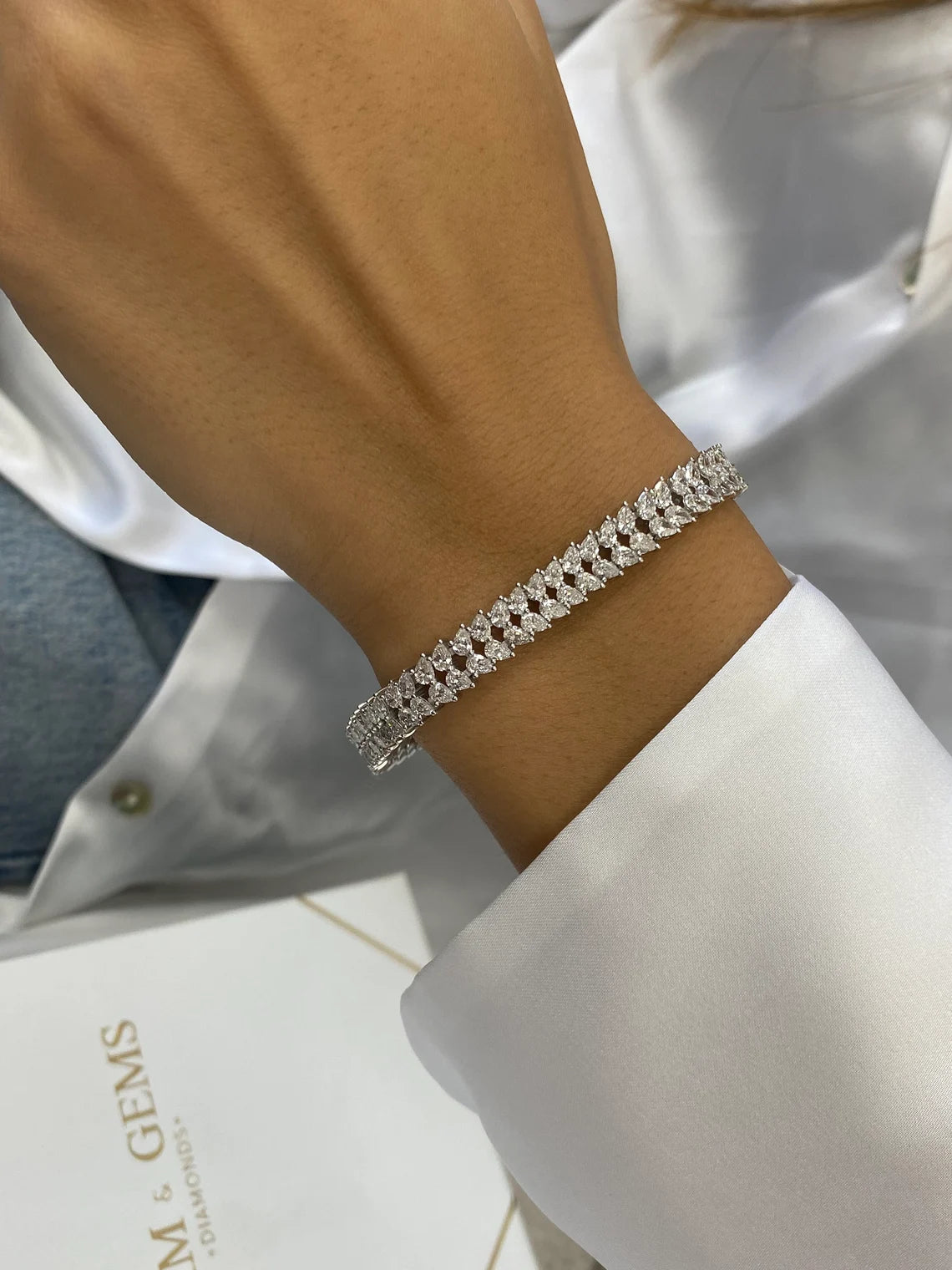 14k White Gold Sparkling Pear Cut Lab Grown Diamond Pave Set Stackable Bracelet