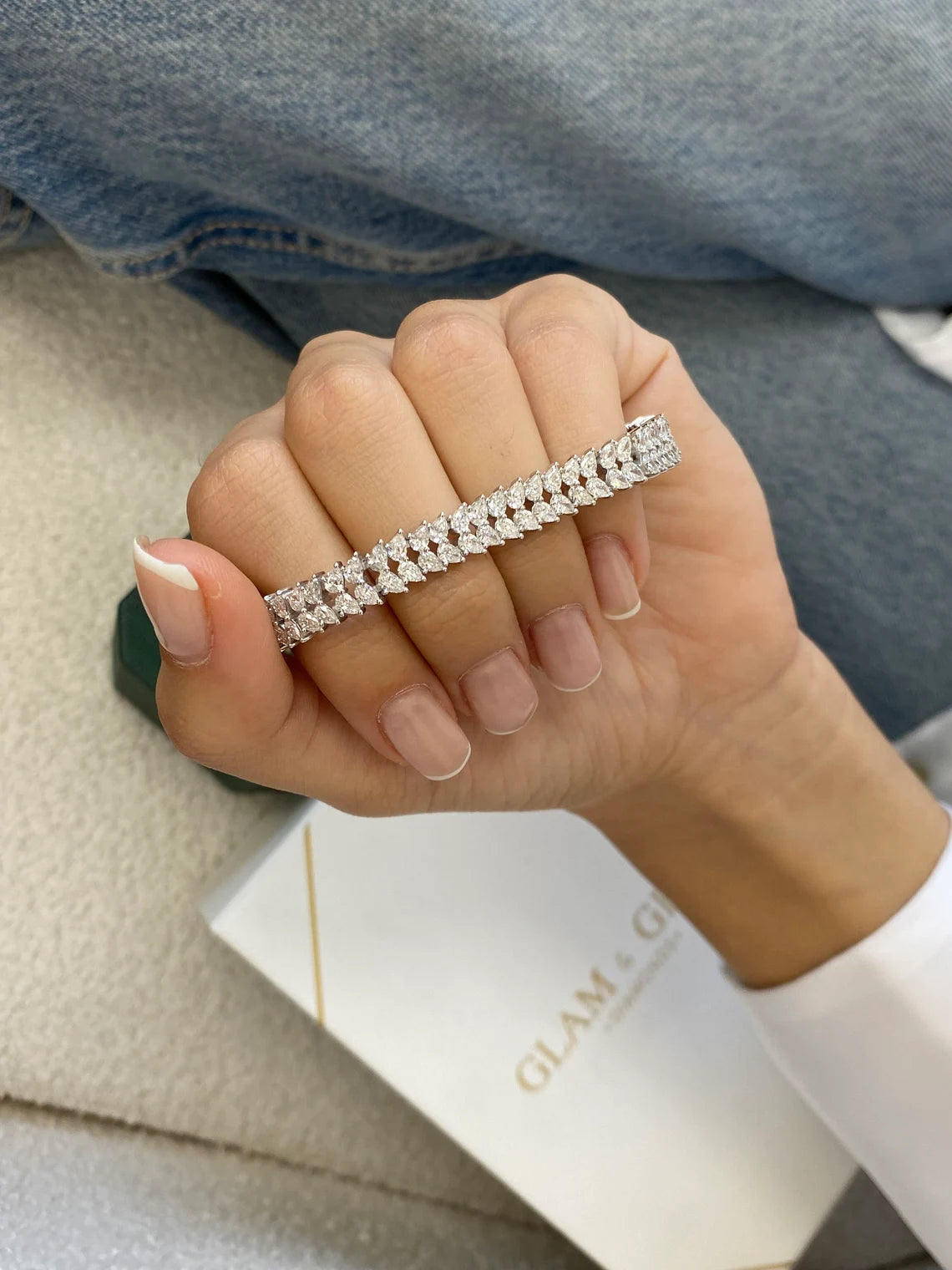 14k White Gold Sparkling Pear Cut Lab Grown Diamond Pave Set Stackable Bracelet - JBR Jeweler