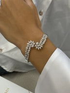 Solid 14k White Gold Perfect Pear and Oval Cut Lab Grown Diamond, Cluster Set Bangle Bracelet - JBR Jeweler