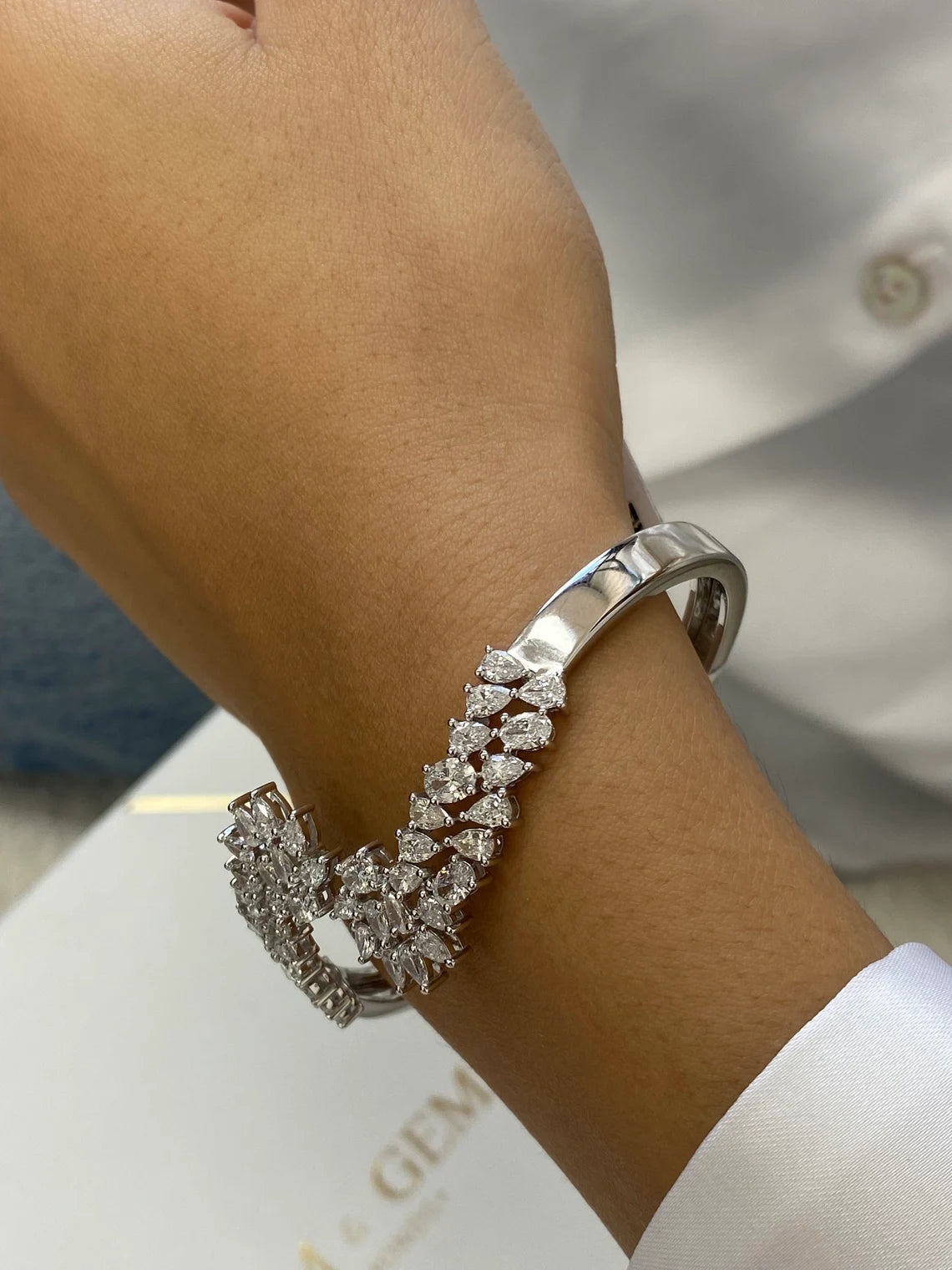 Solid 14k White Gold Perfect Pear and Oval Cut Lab Grown Diamond, Cluster Set Bangle Bracelet - JBR Jeweler