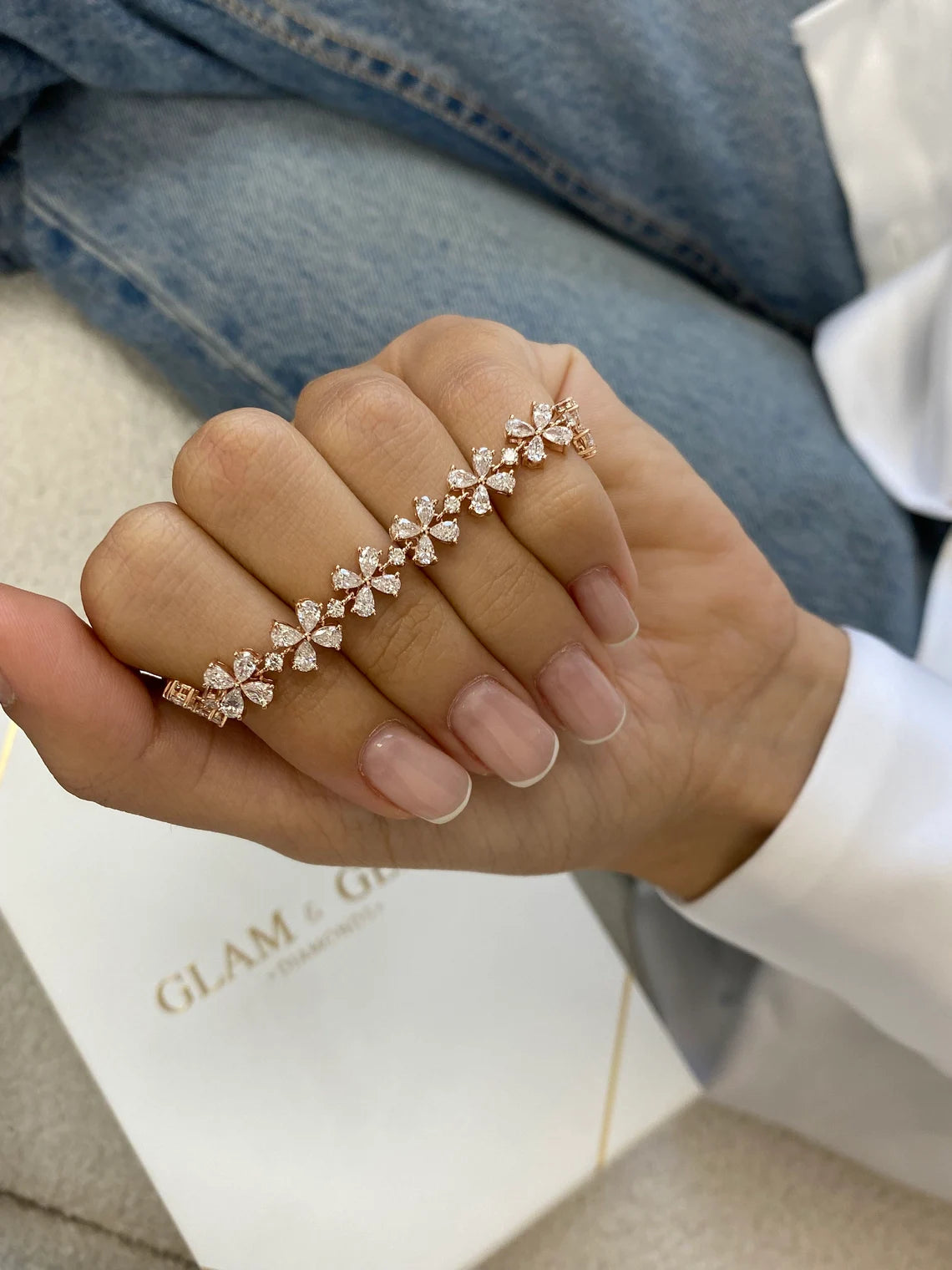 Solid 14k Rose Gold Pear & Round Cut Cluster Set Lab Grown Diamond Flower Design Bracelet - JBR Jeweler