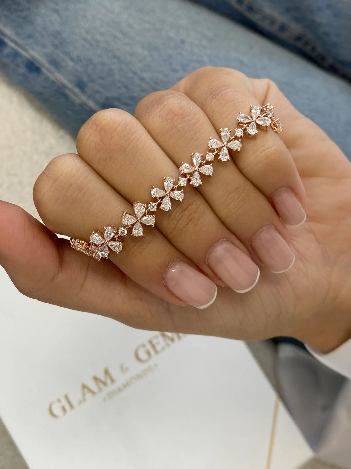 Solid 14k Rose Gold Pear & Round Cut Cluster Set Lab Grown Diamond Flower Design Bracelet - JBR Jeweler