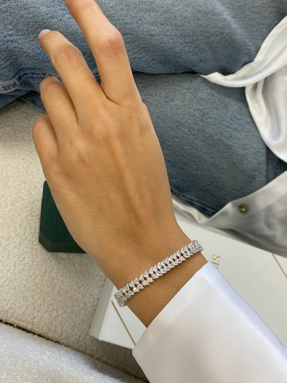 14k White Gold Sparkling Pear Cut Lab Grown Diamond Pave Set Stackable Bracelet - JBR Jeweler