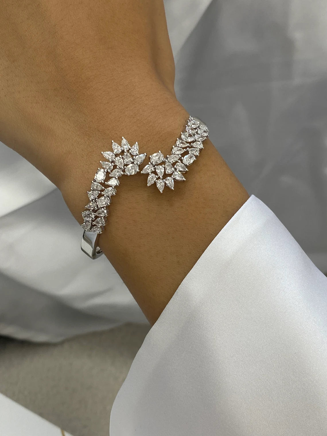 Solid 14k White Gold Perfect Pear and Oval Cut Lab Grown Diamond, Cluster Set Bangle Bracelet - JBR Jeweler