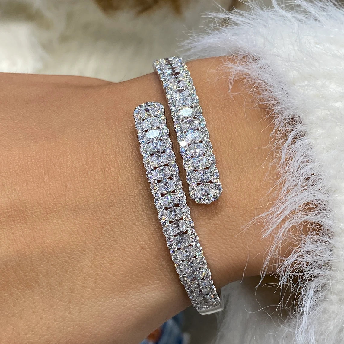 14k White Gold Oval & Round Cut Lab Created Diamond Pave Setting Bangle Tennis Bracelet Gift for Anniversary