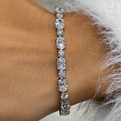 14k White Gold Oval and Round Cut Lab Grown Diamond Prong Setting Tennis Bracelet Bridal Jewelry