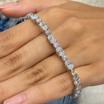 14k White Gold Oval and Round Cut Lab Grown Diamond Prong Setting Tennis Bracelet Bridal Jewelry