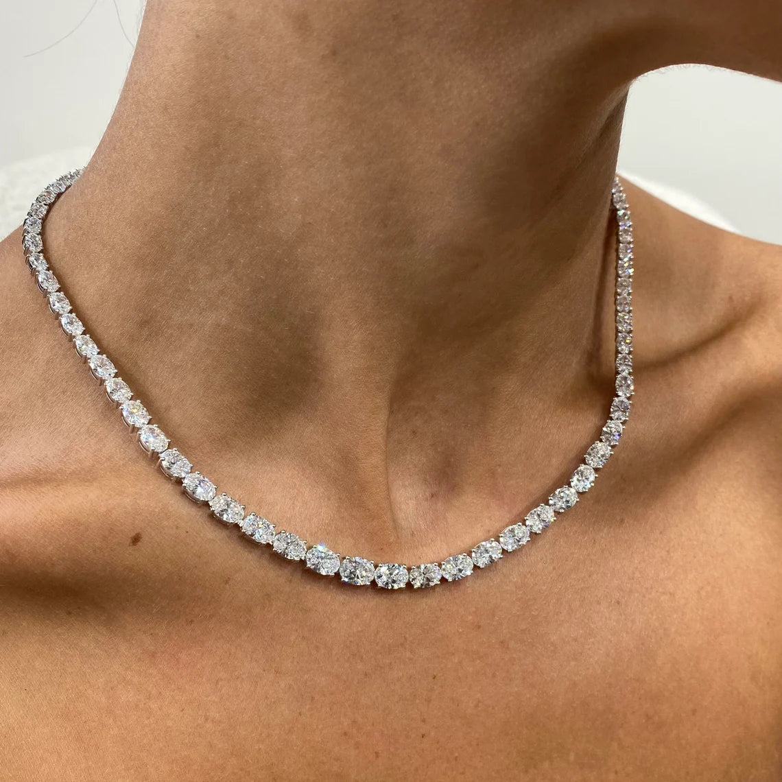 4 mm 14k Gold Prong Setting, Oval Cut, Lab Created Diamond Tennis Necklace, Bridal Jewelry - JBR Jeweler