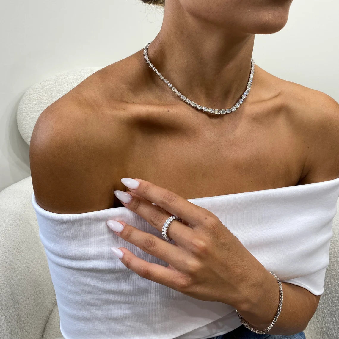 4 mm 14k Gold Prong Setting, Oval Cut, Lab Created Diamond Tennis Necklace, Bridal Jewelry - JBR Jeweler