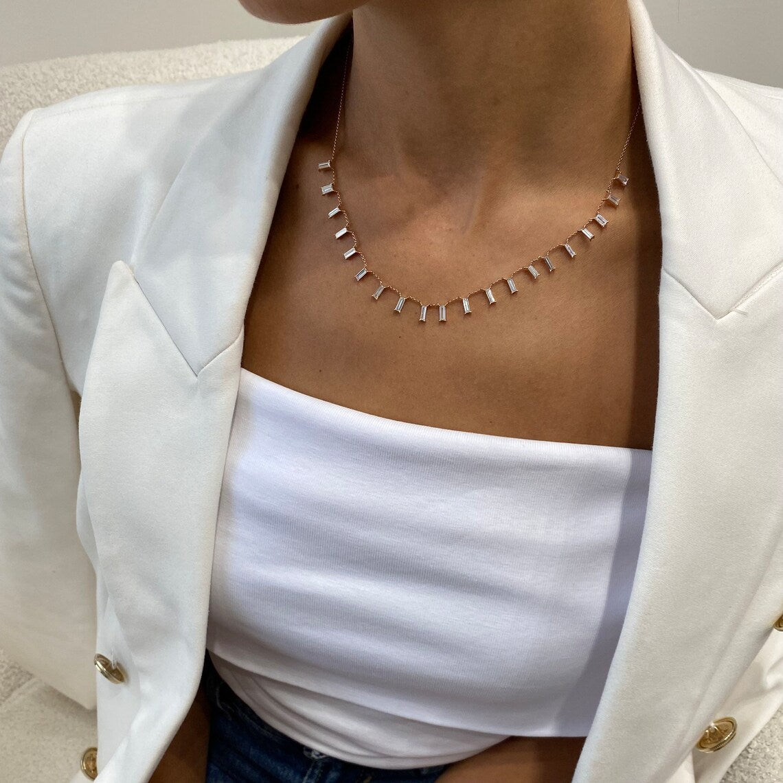 14k Rose Gold, Baguette Cut Lab grown Prong Set  Diamond  Unique Design Necklace - JBR Jeweler