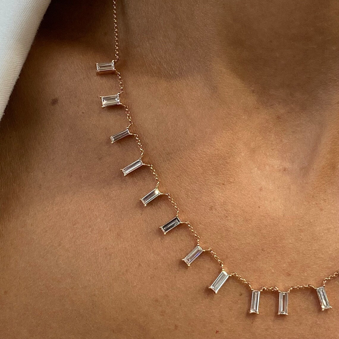 14k Rose Gold, Baguette Cut Lab grown Prong Set  Diamond  Unique Design Necklace - JBR Jeweler