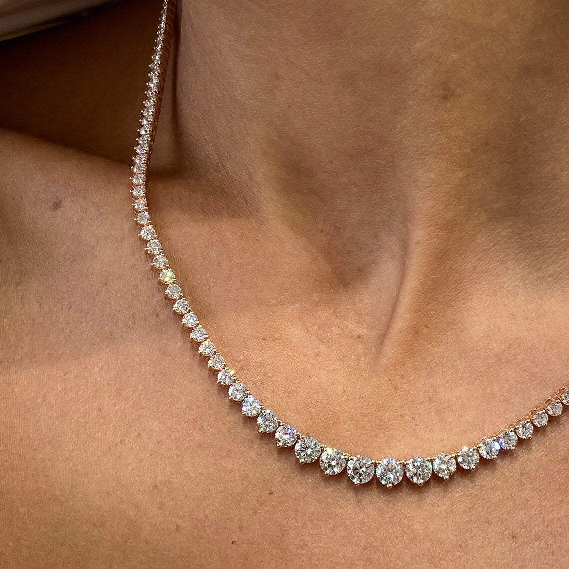Solid 14k Rose Gold Round Cut, Lab grown Diamond  Prong Setting Tennis Necklace - JBR Jeweler