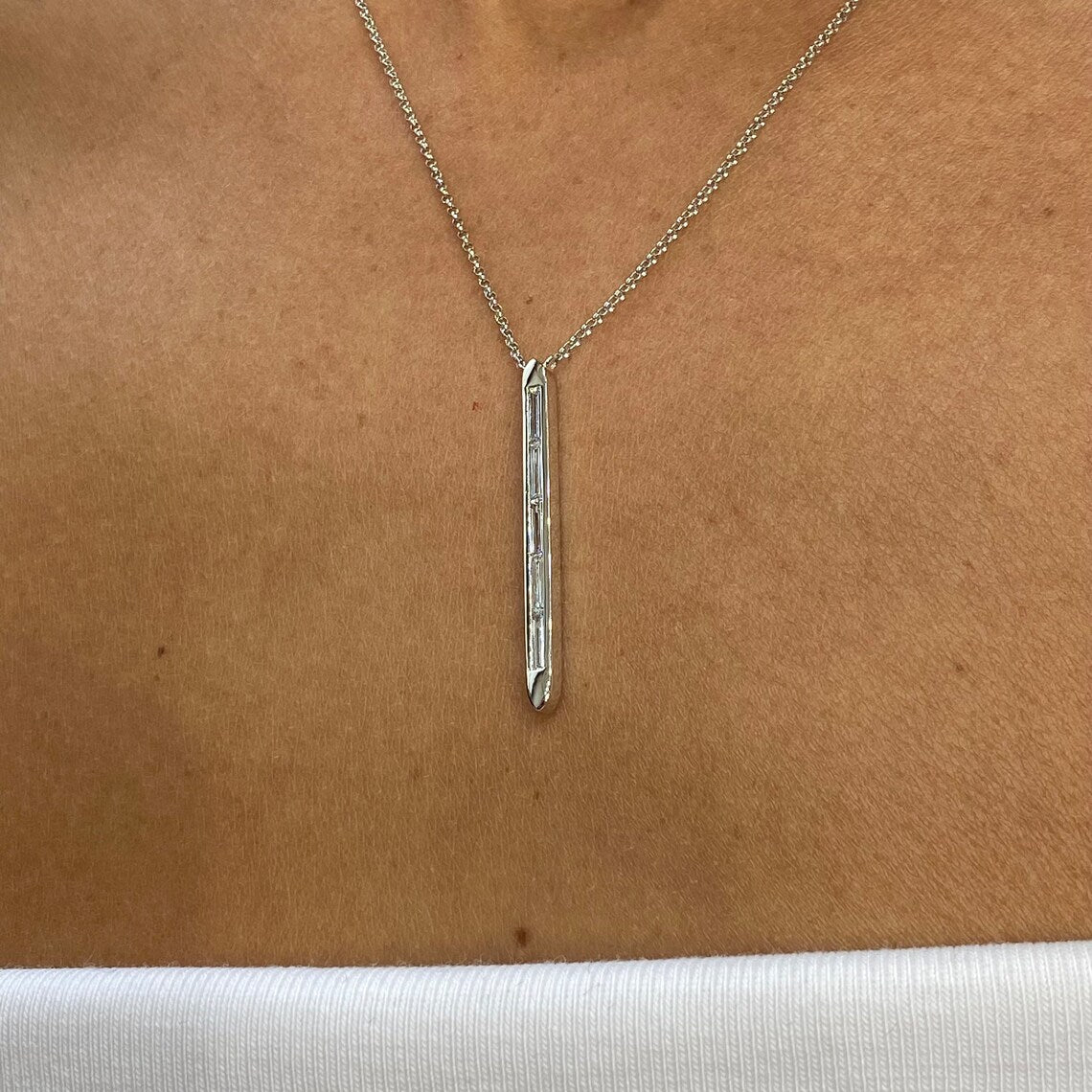 14k Solid Gold Bezel Setting, Baguette Cut Lab grown Diamond Bar Necklace , Bridal Jewelry - JBR Jeweler
